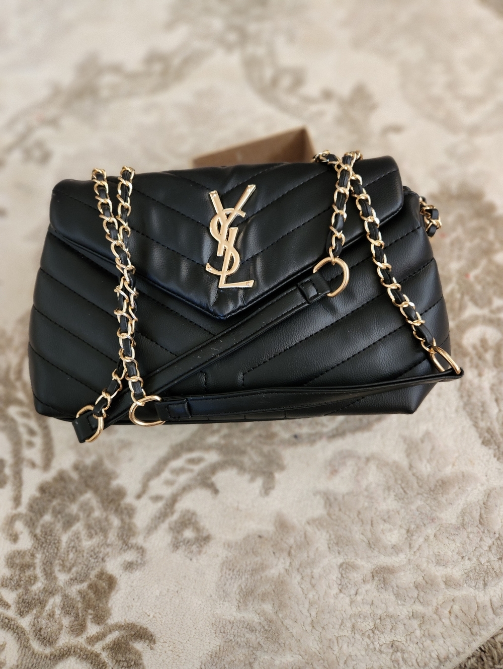 Saint Laurent Black Quilted Chevron Leather Crossbody with Gold YSL - Picture 2 of 4